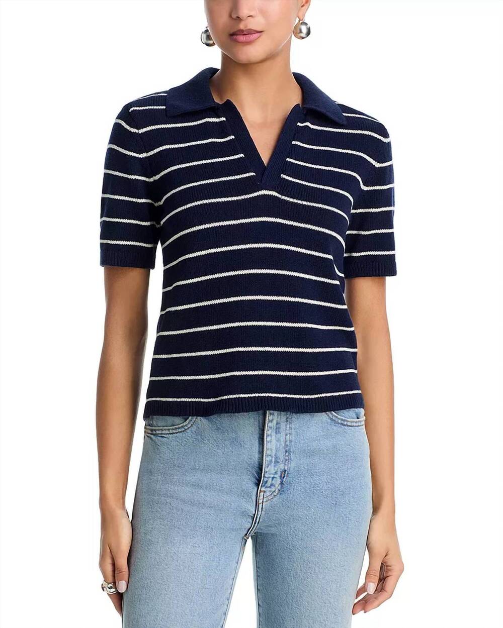 NEW FRAME striped easy polo top in navy multi